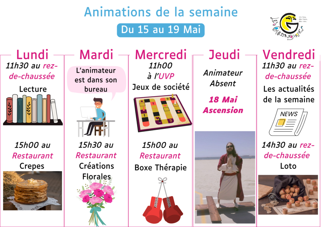 Animations 15 au 19 main 2023

Lundi matin : Lecture
Lundi après-midi : Crêpes
Mardi après-midi : Créations florales
Mercredi matin : Jeux 
Mercredi après-midi : Boxe
Vendredi matin : Journal
Vendredi après-midi : Loto