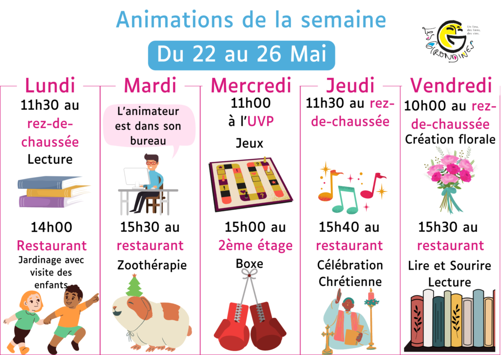 Animations 22 au 26 mai 2023

Lundi matin : Lecture
Lundi après-midi : Jardinage avec les enfants
Mardi après-midi : Zoothérapie
Mercredi matin : Jeux
Mercredi après-midi : Boxe
Jeudi matin : Musique
Jeudi après-midi : Célébration chrétienne
Vendredi matin : Création florale
Vendredi après-midi : Lecture à haute voix