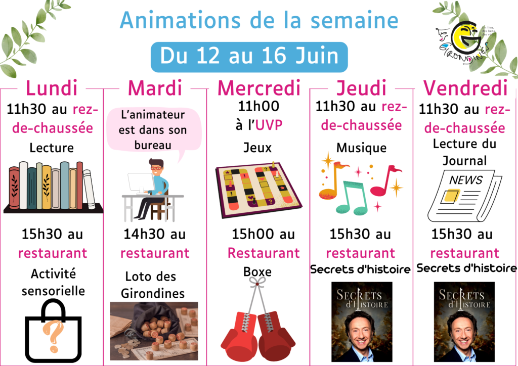 Animations 12 au 16 juin 2023

Lundi matin : Lecture
Lundi après-midi : Activité sensorielle
Mardi après-midi : Loto
Mercredi matin : Jeux
Mercredi après-midi : Boxe
Jeudi matin : Musique
Jeudi après-midi : Secrets d'histoire
Vendredi matin : Journal
Vendredi après-midi : Secrets d'histoire